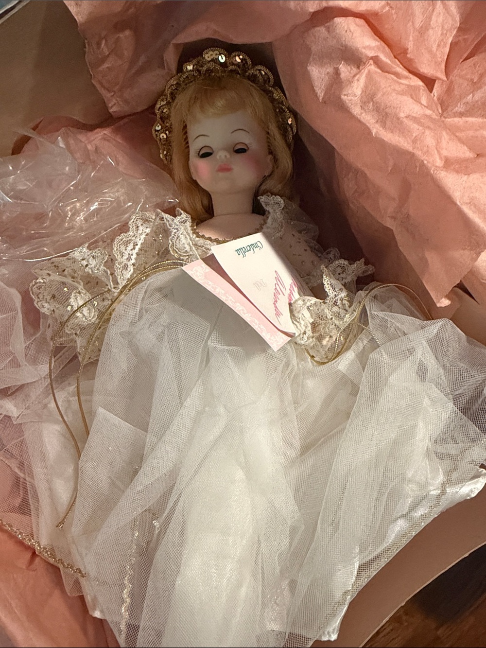 Madame Alexander Porcelain Doll in White and Pink with Gold Trim